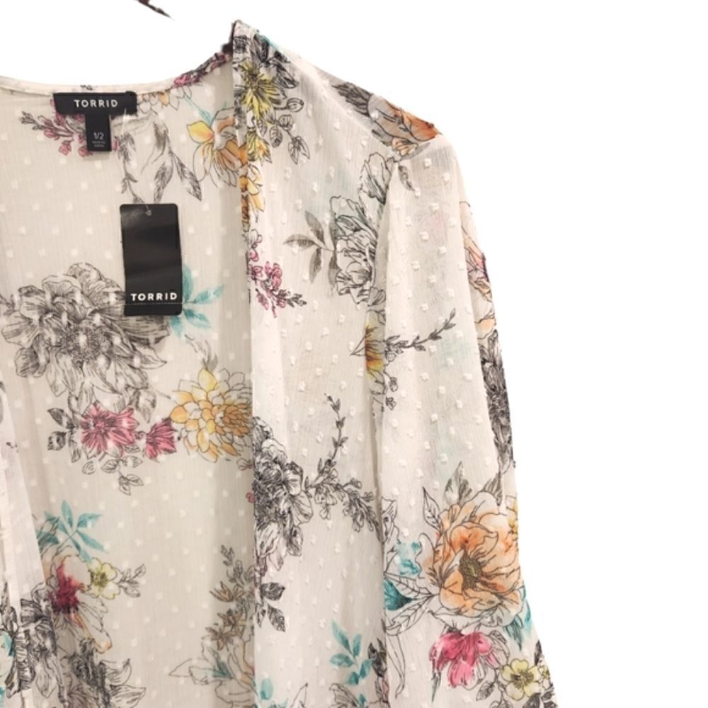 Torrid Women's White Floral Swiss Dot Hi-Low Kimono Size 1/2 - Picture 4 of 10